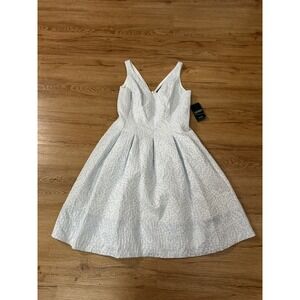 Lauren Ralph Lauren Blue Silver Metallic Jacquard V-Neck Fit Flare Dress 6 NWT